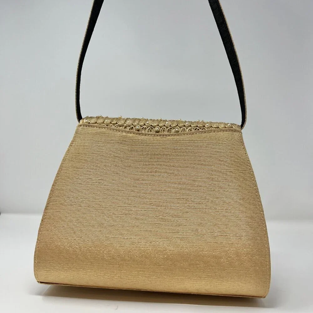 Timmy Woods Beverly Hills Purse Gold Textured w/High Relief Pearl Embroidery